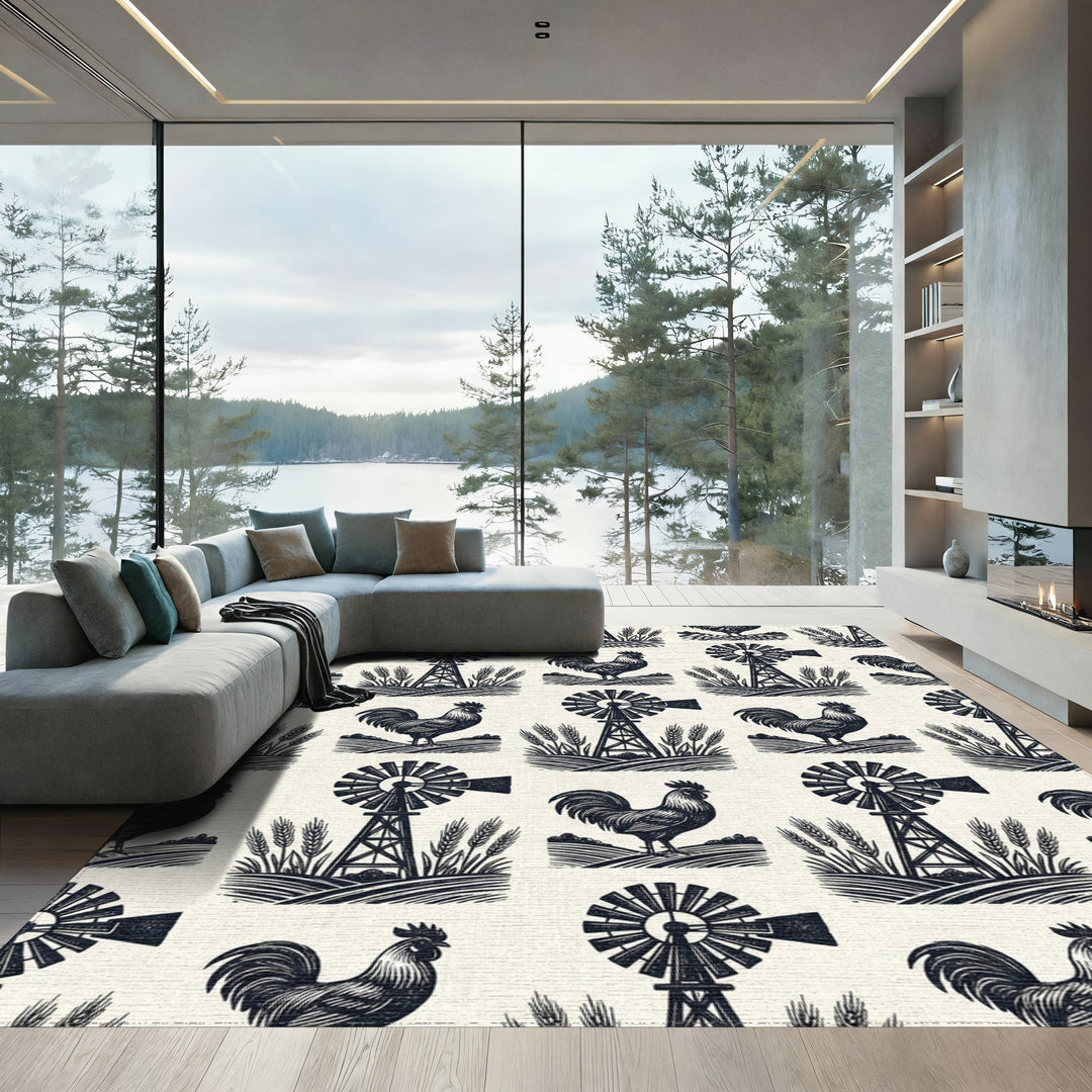 Farmhouse Rooster Windmill Wheat Field Rug