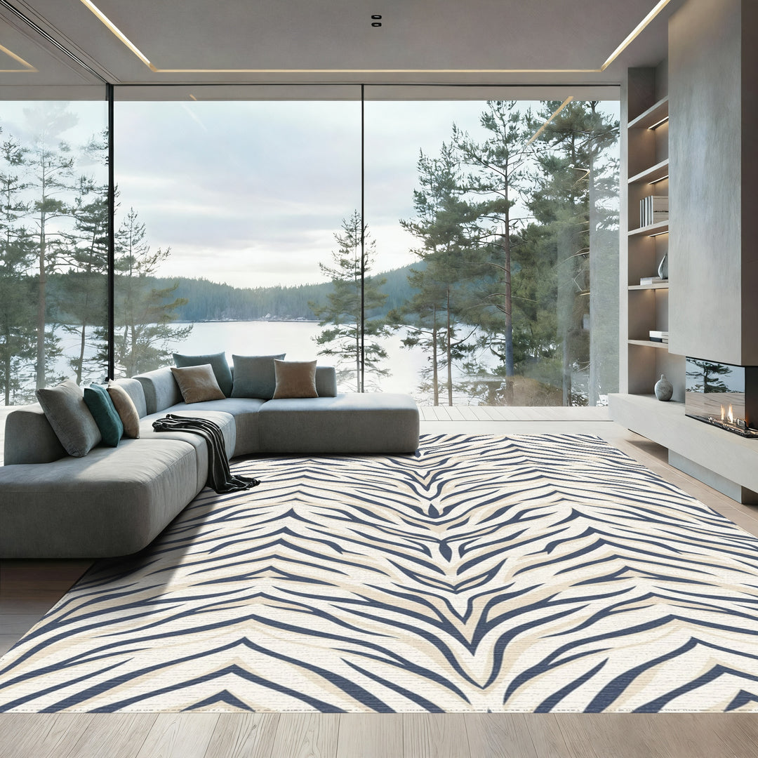 Cream And Navy Tiger Stripe Rug