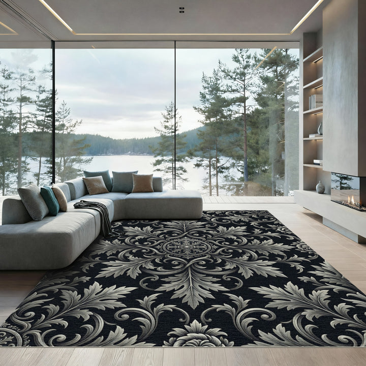 Intricate Silver Foliage Scrollwork Rug