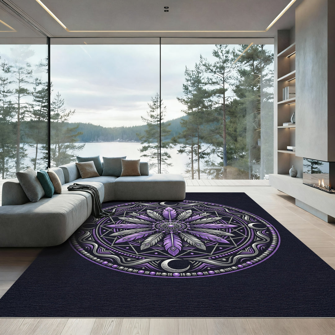 Purple Silver Feather Mandala Moon Rug