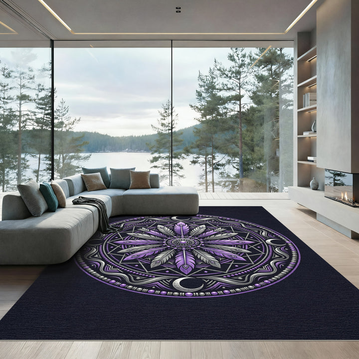 Purple Silver Feather Mandala Moon Rug