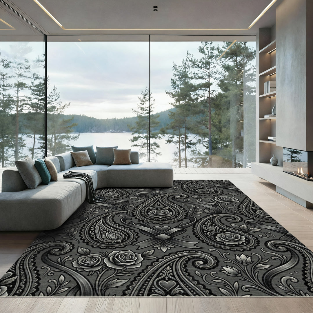 Charcoal Grey Paisley Rose Swirl Rug