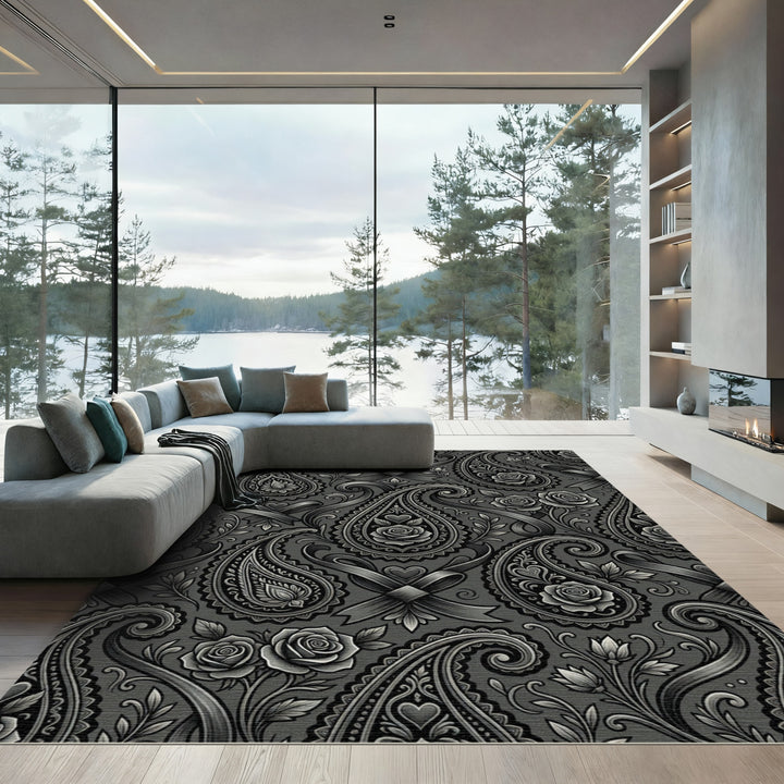 Charcoal Grey Paisley Rose Swirl Rug