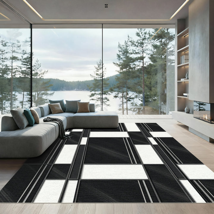 Modern Black White Geometric Rectilinear Rug