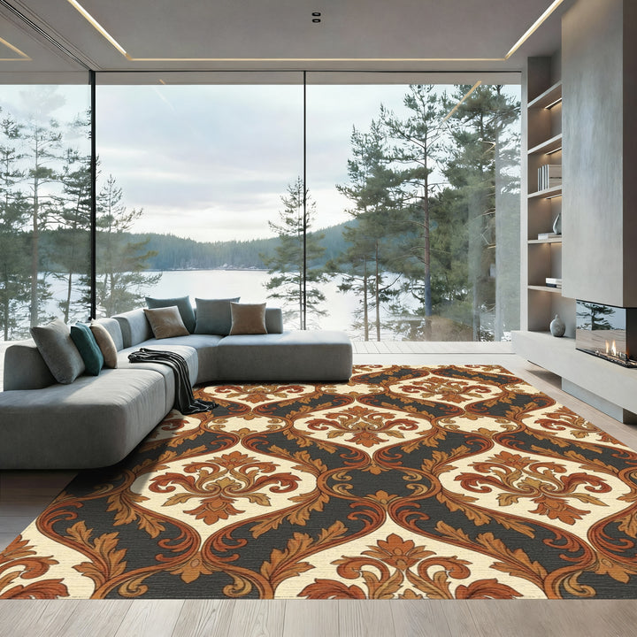 Vintage Ochre Scrollwork Damask Rug