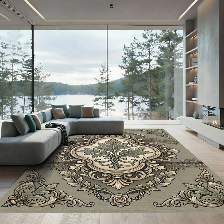 Antique Green Gilded Acanthus Scroll Rug