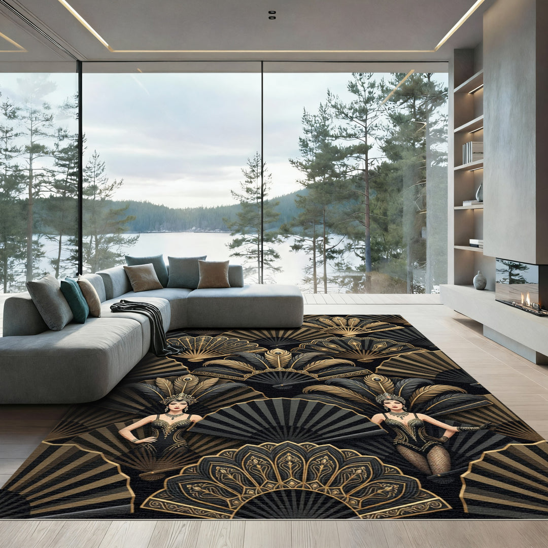 Glamorous Black Gold Fan Lady Rug