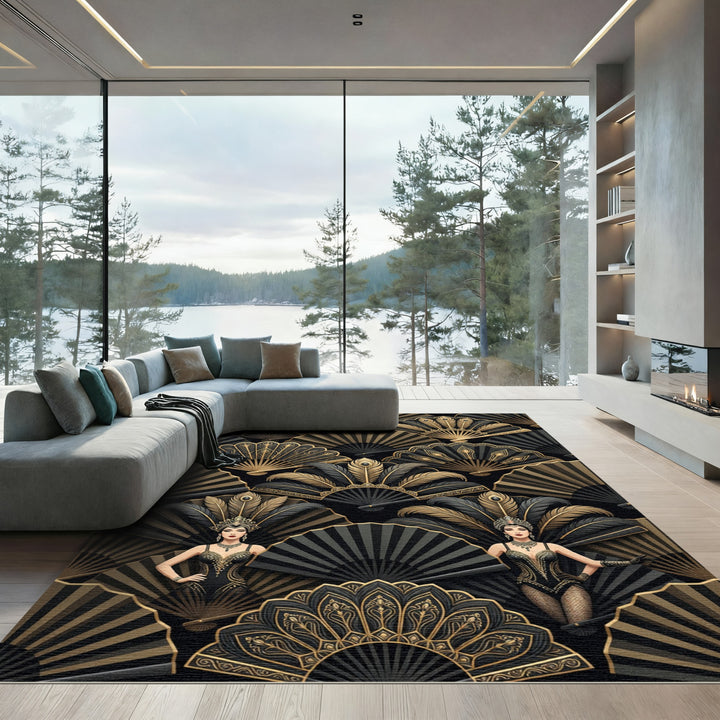 Glamorous Black Gold Fan Lady Rug