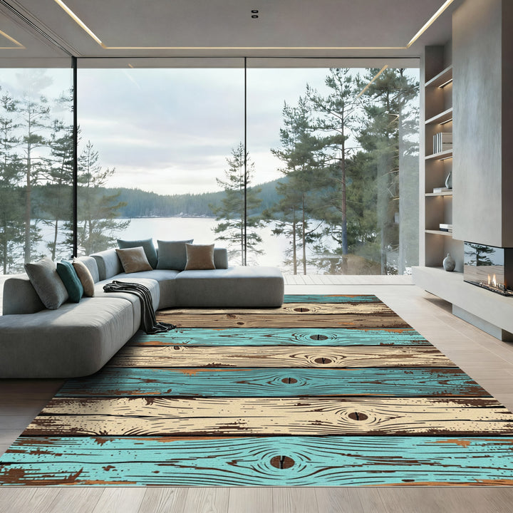 Distressed Wood Plank Aqua And Cream Rug