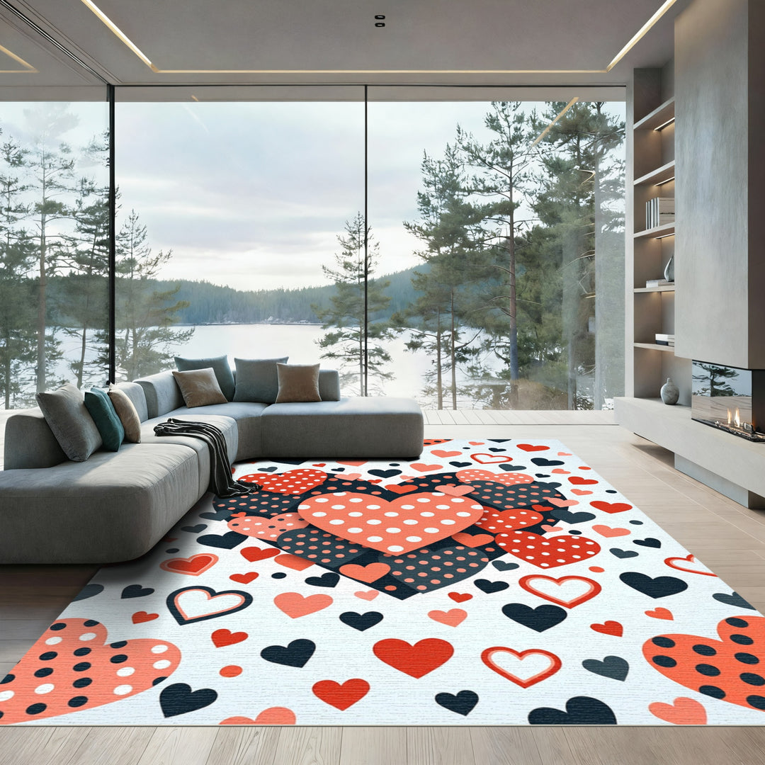 Coral Red Black Polka Dot Hearts Rug