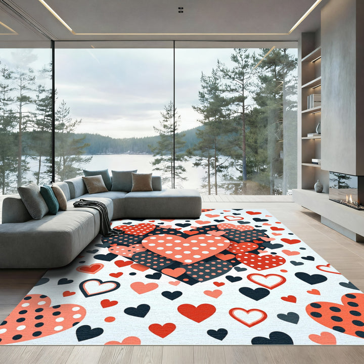 Coral Red Black Polka Dot Hearts Rug