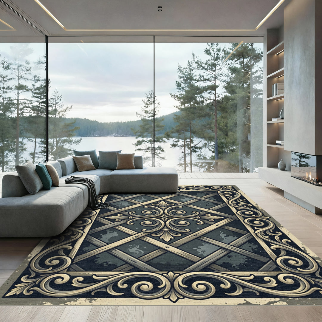 Ornate Scrollwork Lattice Emblem Detail Rug