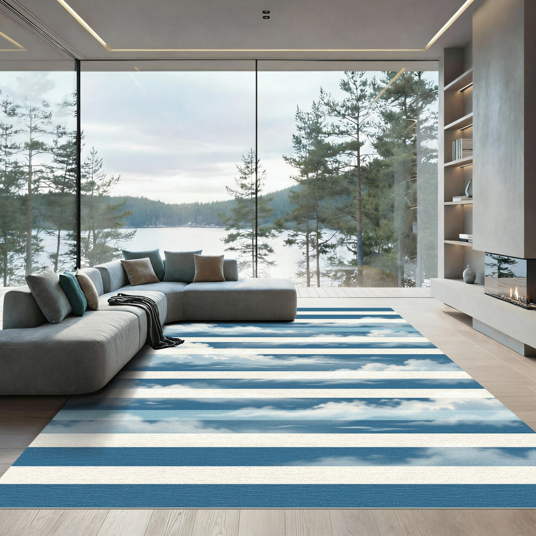Blue White Striped Sky Clouds Rug