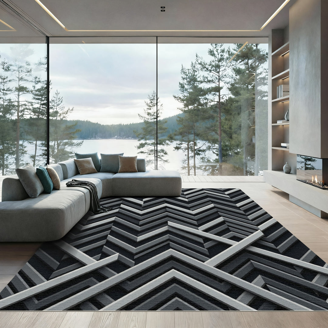 Monochromatic Slate Interlocking Chevron Rug