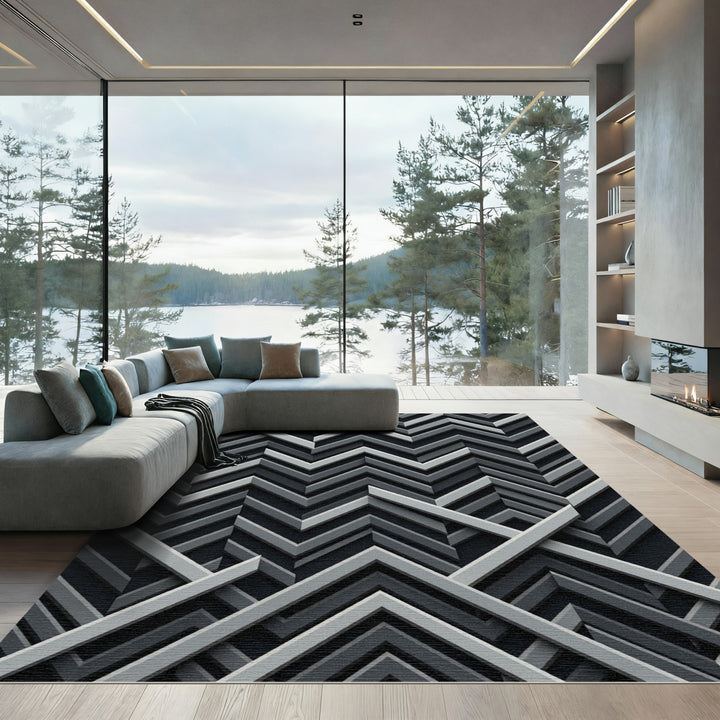 Monochromatic Slate Interlocking Chevron Rug