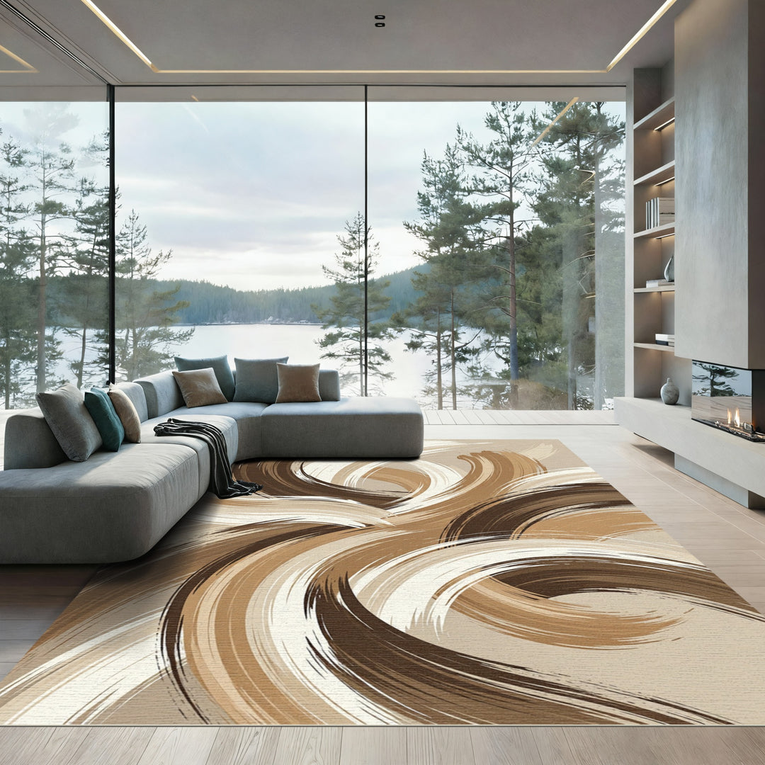 Abstract Swirls Beige Brown Cream Rug