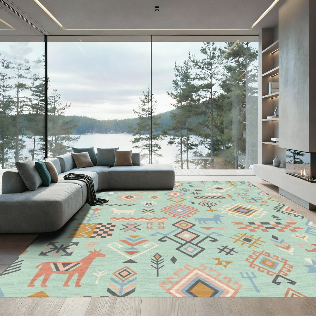 Boho Turquoise Animals Diamond Medallion Rug