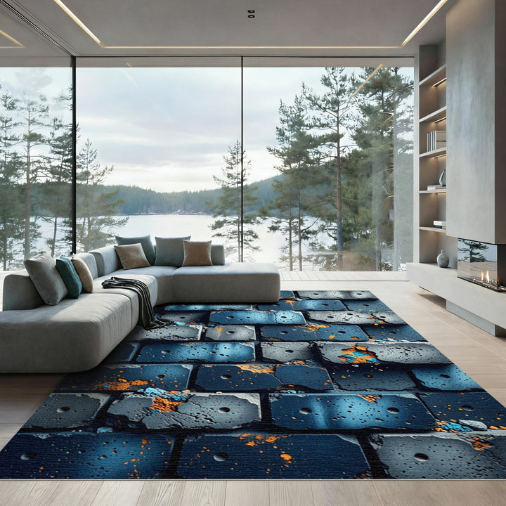 Deep Blue Concrete Brick Texture Rug