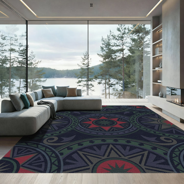 Dark Crimson Green Tribal Sunburst Medallion Rug
