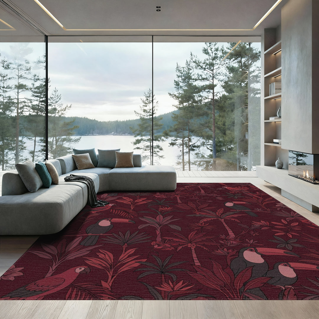 Deep Red Tropical Toucan Parrot Jungle Rug