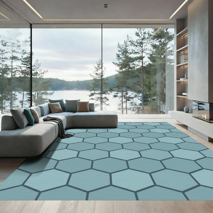Cool Teal Hexagonal Overlay Rug