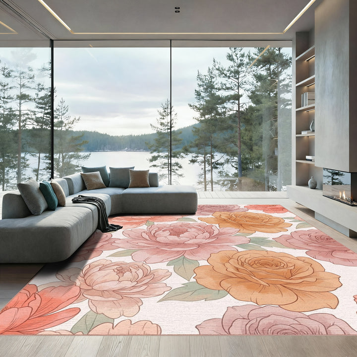 Soft Peach Rose Peony Watercolor Blend Rug