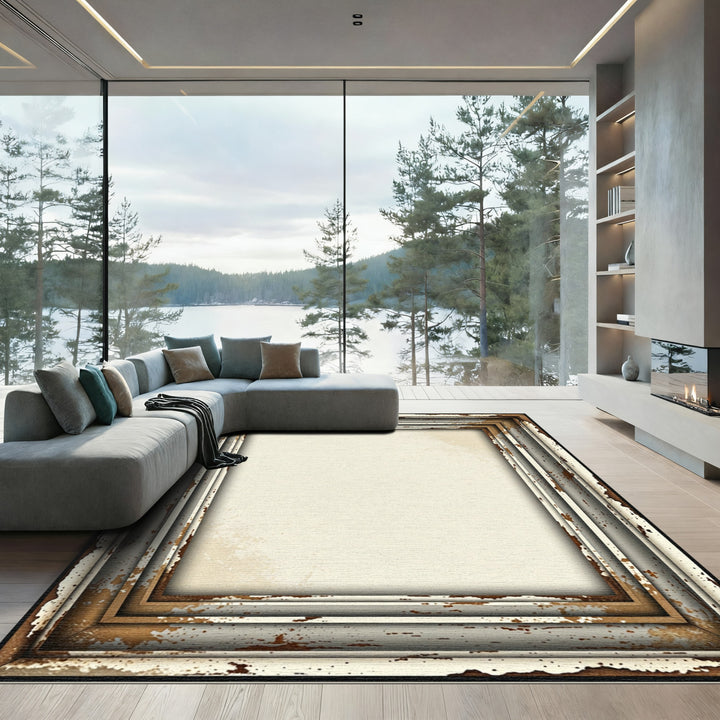 Rustic Cream Distressed Wood Frame Rug