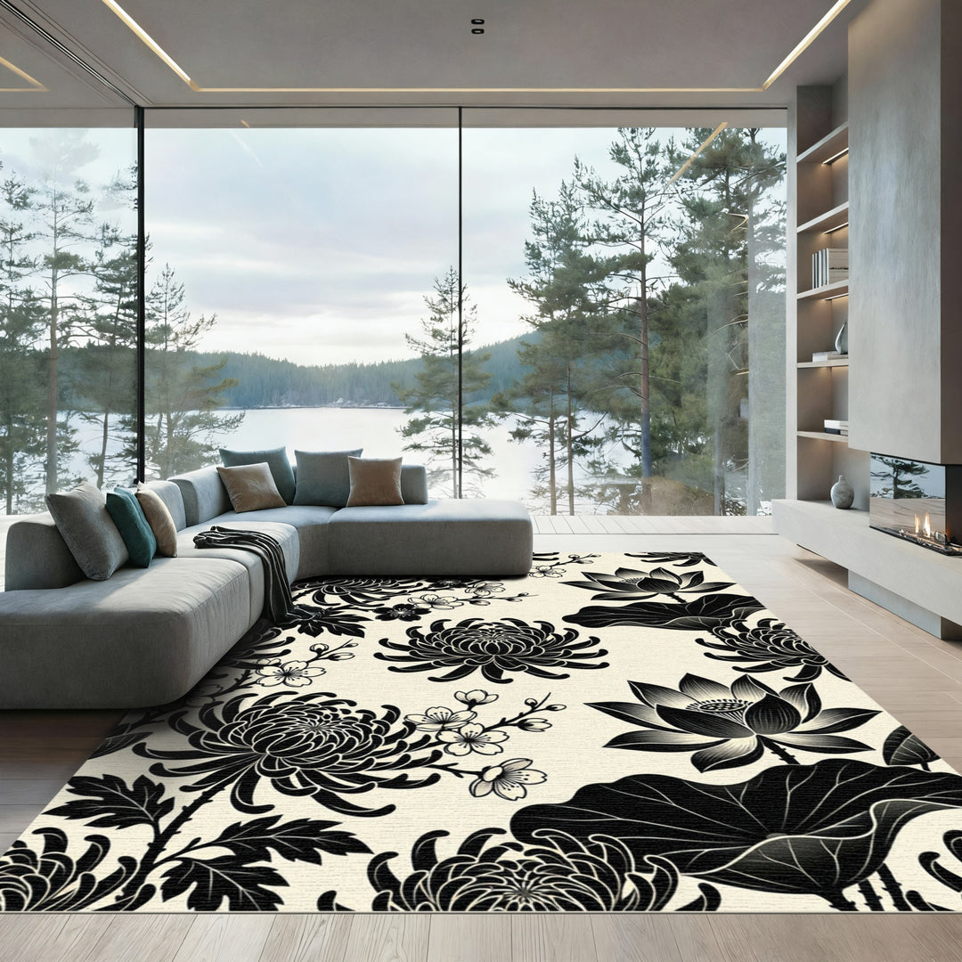 Black Chrysanthemum and Lotus Floral Rug