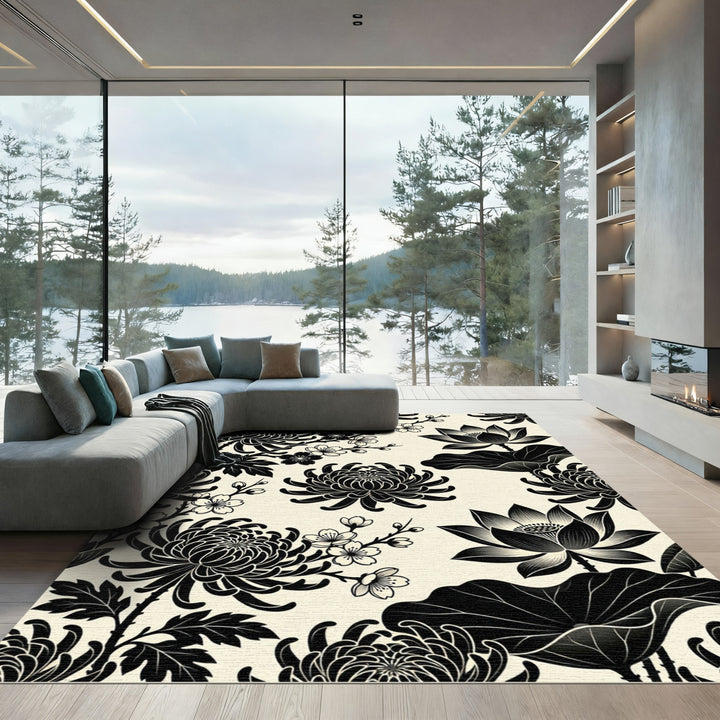Black Chrysanthemum and Lotus Floral Rug