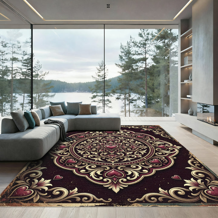 Ornate Hearts and Gold Medallion Rug