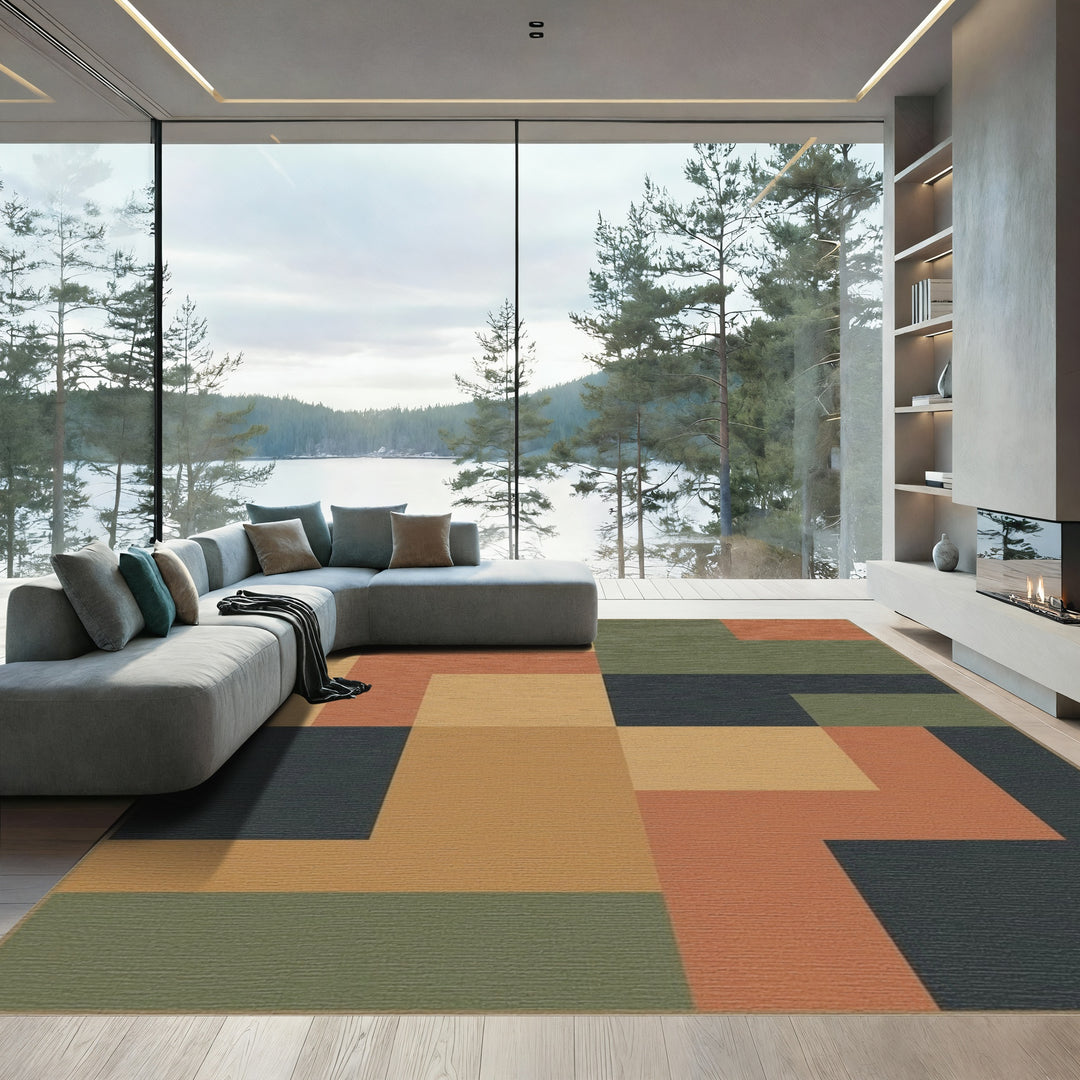 Terracotta Olive Geometric Blocks Rug