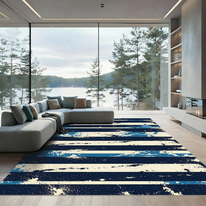 Navy Blue Cream Splatter Stripe Rug