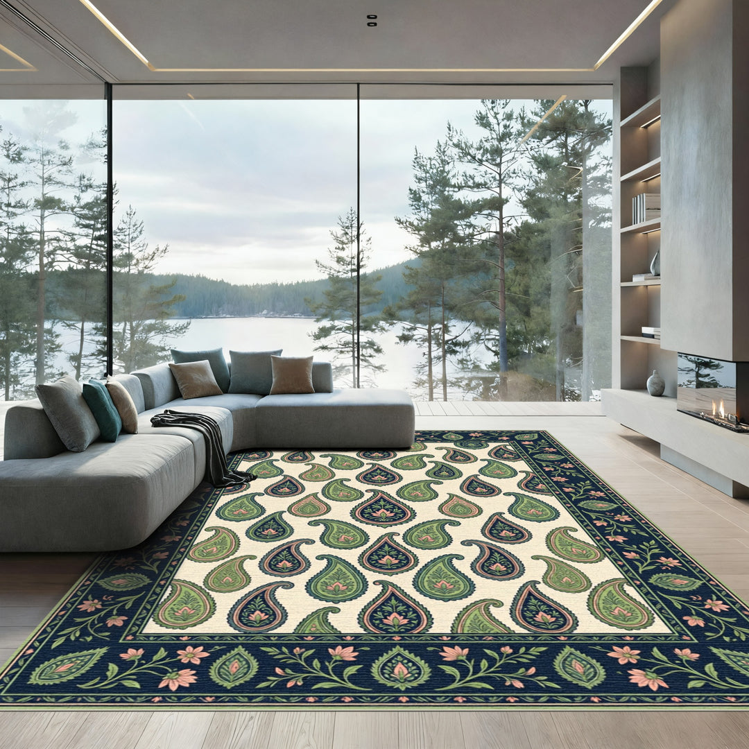 Navy Green Pink Paisley Garden Border Rug