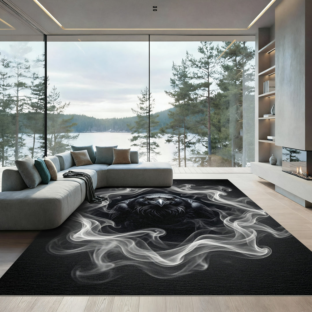 Dark Raven Amidst Swirling Smoke Rug