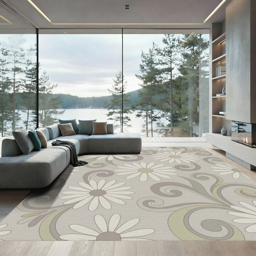 Retro Daisy Swirl Taupe Floral Rug