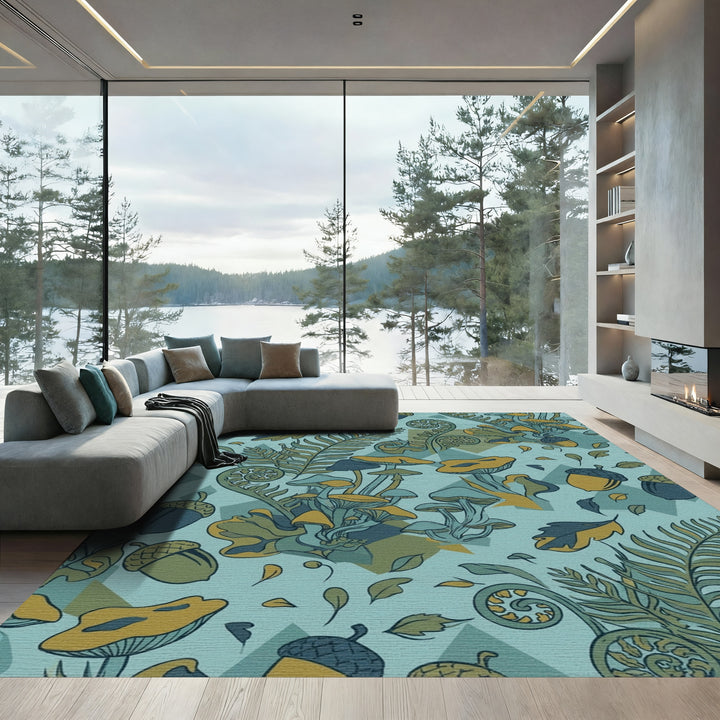 Forest Mushrooms Fern Acorns Teal Yellow Rug