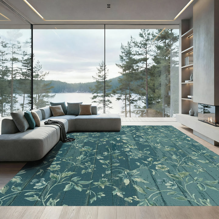 Teal Wood Floral Vine Botanical Rug
