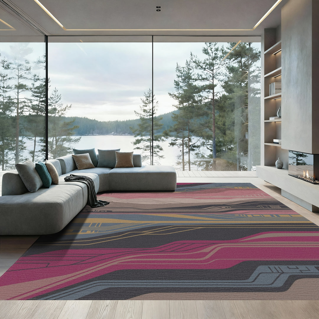 Modern Abstract Lines Magenta Blue Gold Rug