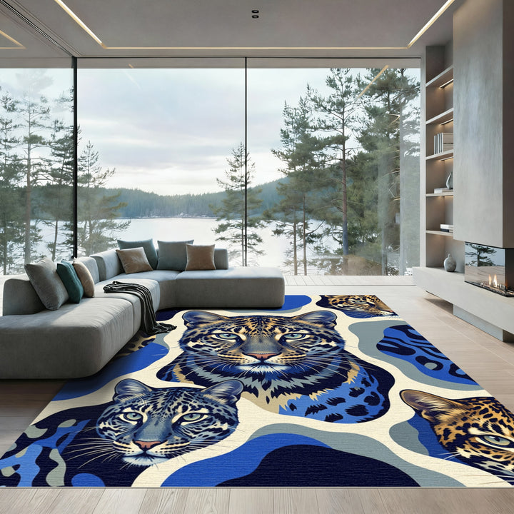 Abstract Blue Leopard Faces Rug