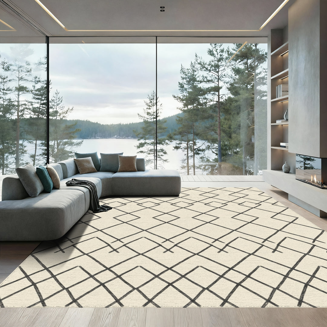 Cream and Charcoal Geometric Diamond Lattice Rug