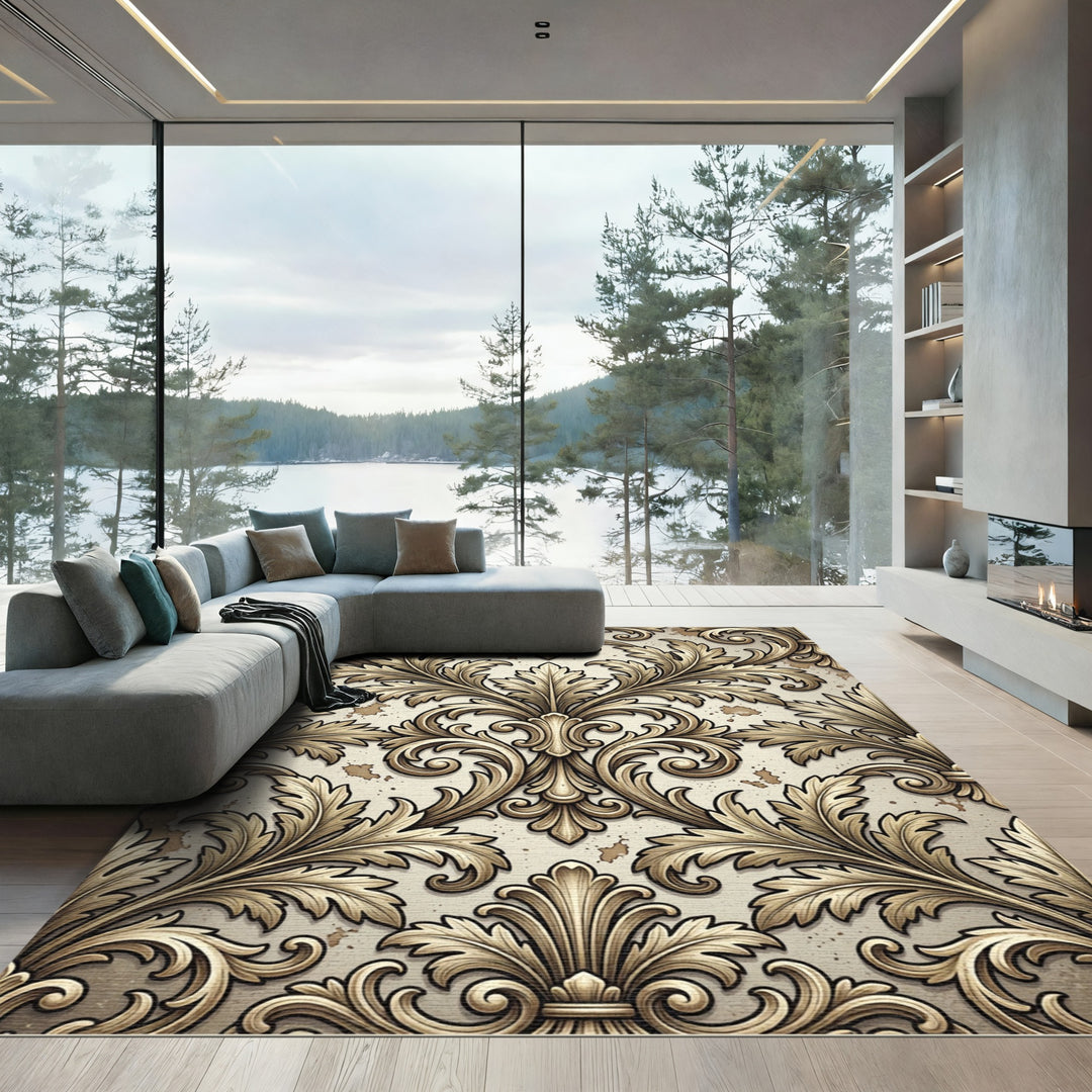Antique Gold Acanthus Leaf Damask Rug