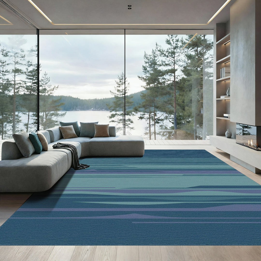 Azure Blue Horizontal Abstract Waves Rug