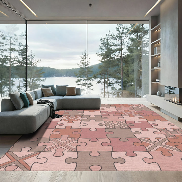 Warm Puzzle Piece Geometric Medallion Rug