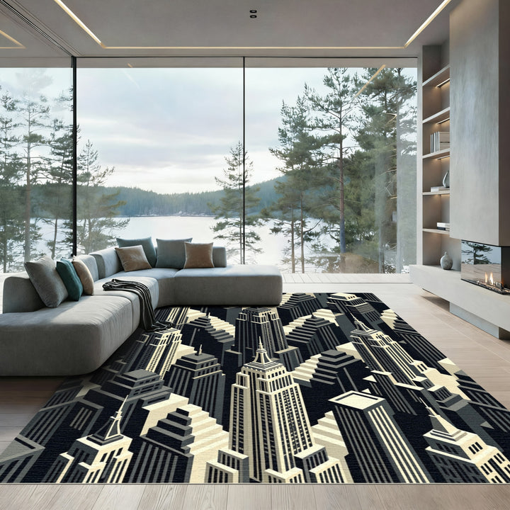 Art Deco Monochrome Cityscape Buildings Rug
