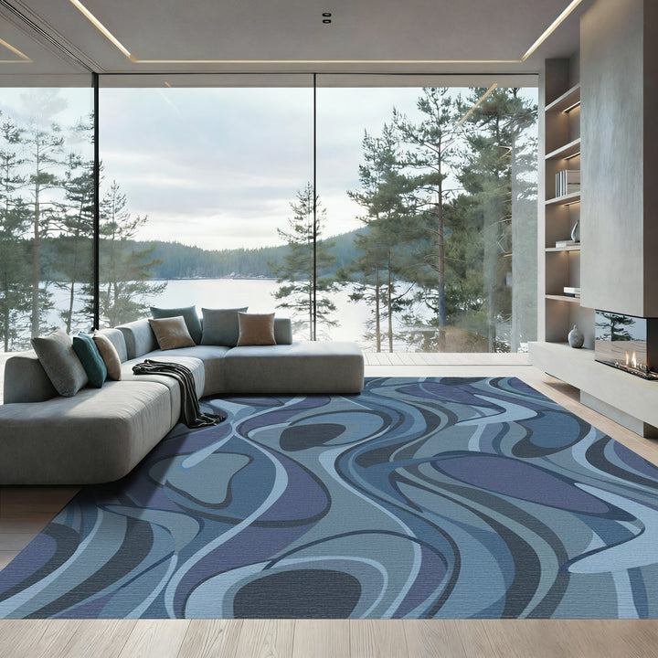 Deep Blue Swirl Abstract Forms Rug