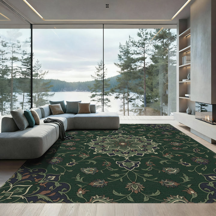 Deep Forest Green Floral Medallion Rug