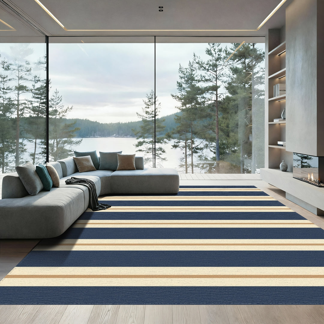 Classic Navy Cream Gold Stripe Rug