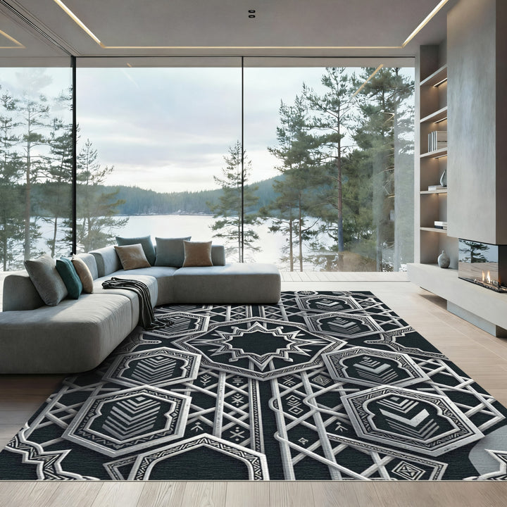 Elegant Silver Geometric Islamic Rug