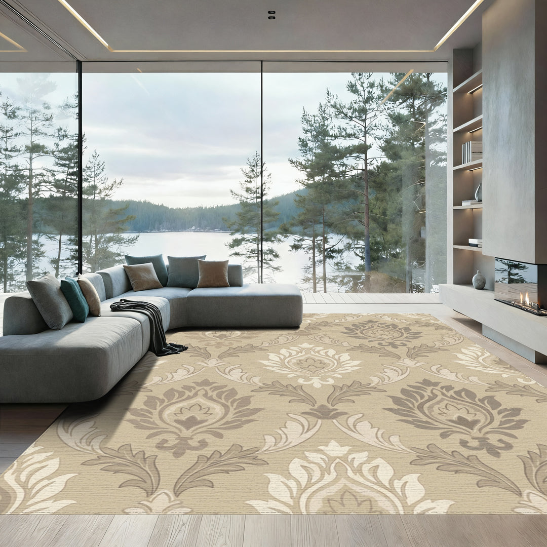 Classic Damask Floral Beige Ivory Rug