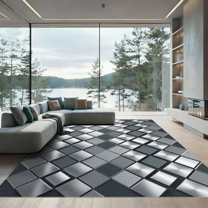 Modern Silver Diamond Grid Rug